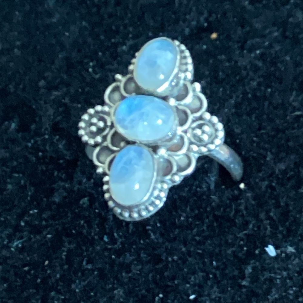 8.5 Sterling Silver Triple Rainbow Moonstone Decorated Bezel Ring